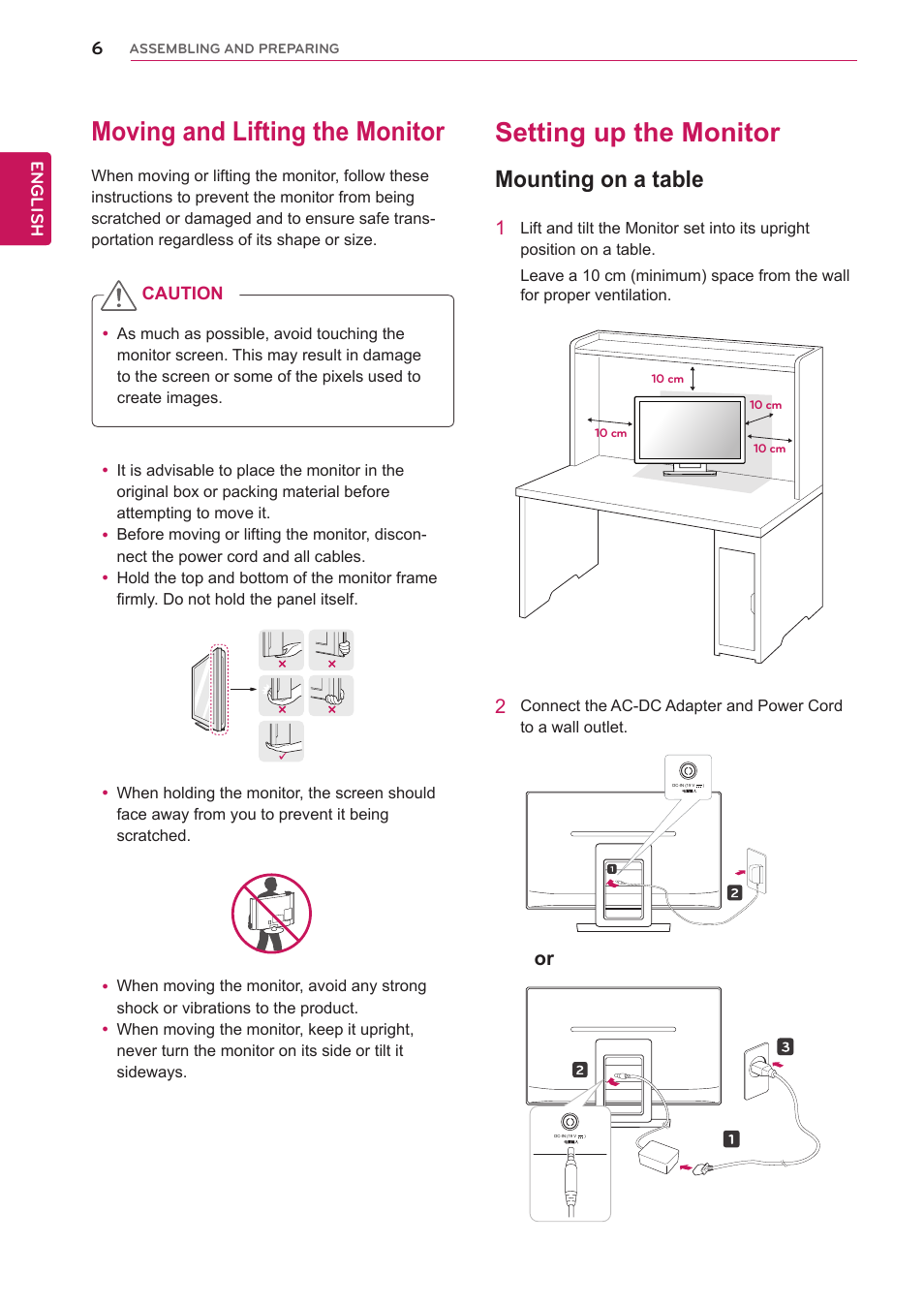 Moving and lifting the monitor, Setting up the monitor, Mounting on a table | LG 27EA83R-D User Manual | Page 6 / 26
