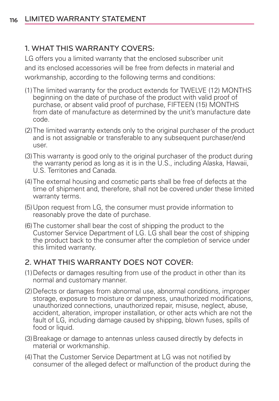 Limited warranty statement | LG MS659 User Manual | Page 118 / 121