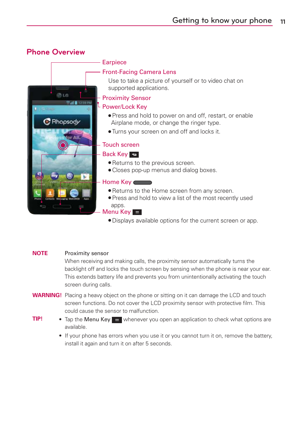 Getting to know your phone, Getting to know your phone phone overview | LG MS659 User Manual | Page 13 / 121