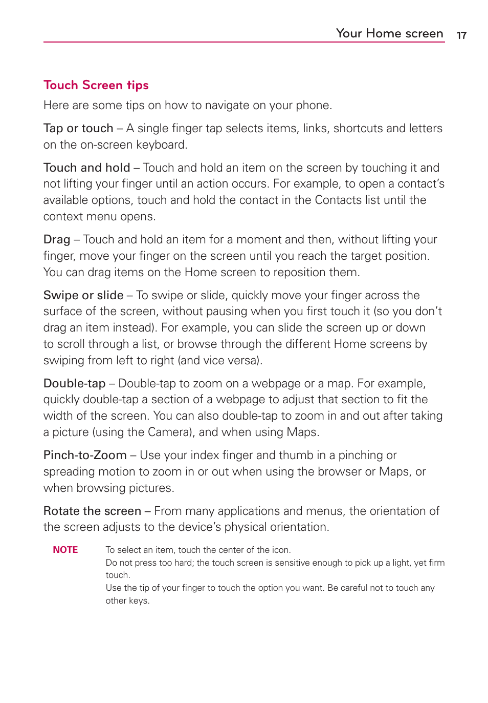 Your home screen, Touch screen tips | LG MS659 User Manual | Page 19 / 121