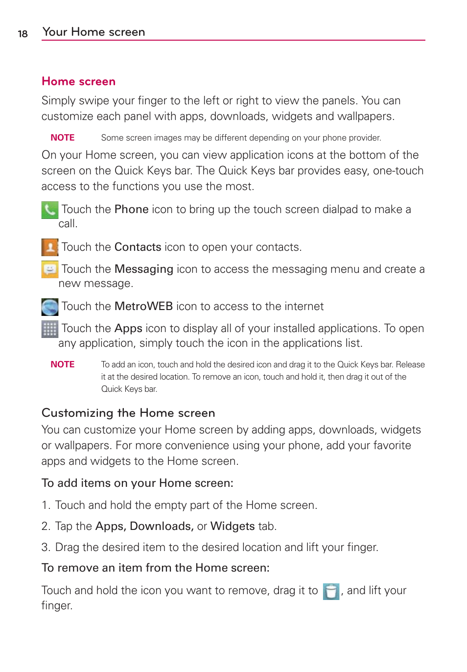 Your home screen home screen, Customizing the home screen | LG MS659 User Manual | Page 20 / 121