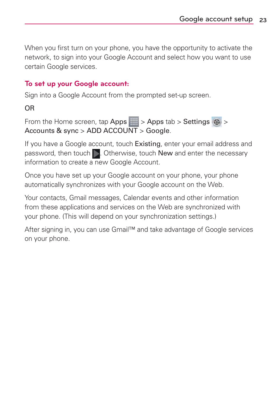 Google account setup | LG MS659 User Manual | Page 25 / 121