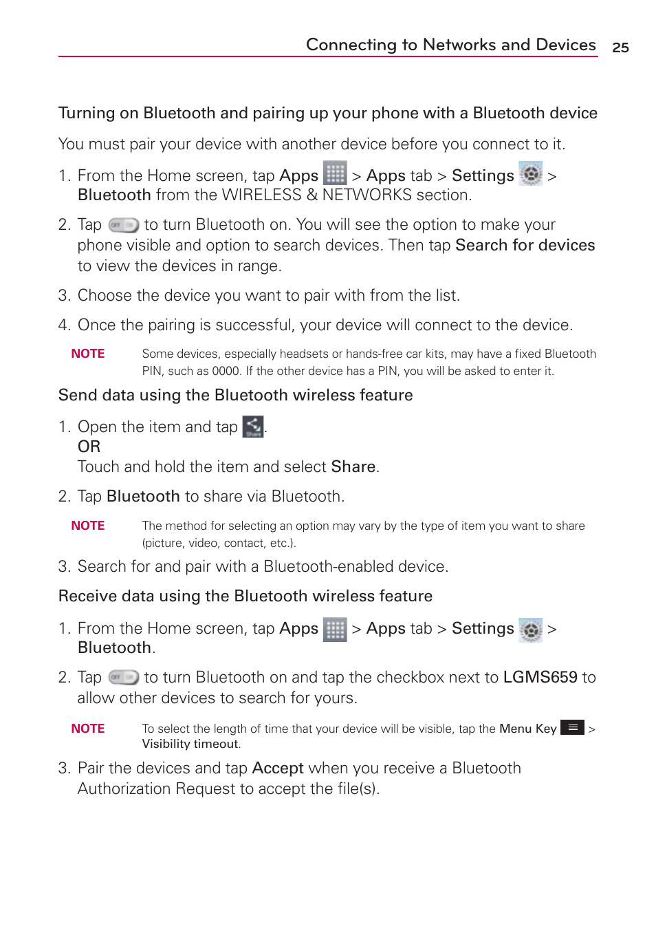 Connecting to networks and devices | LG MS659 User Manual | Page 27 / 121