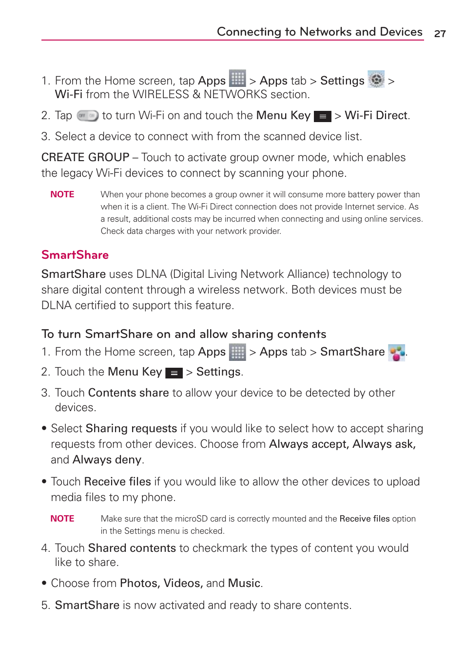 Connecting to networks and devices, Smartshare | LG MS659 User Manual | Page 29 / 121
