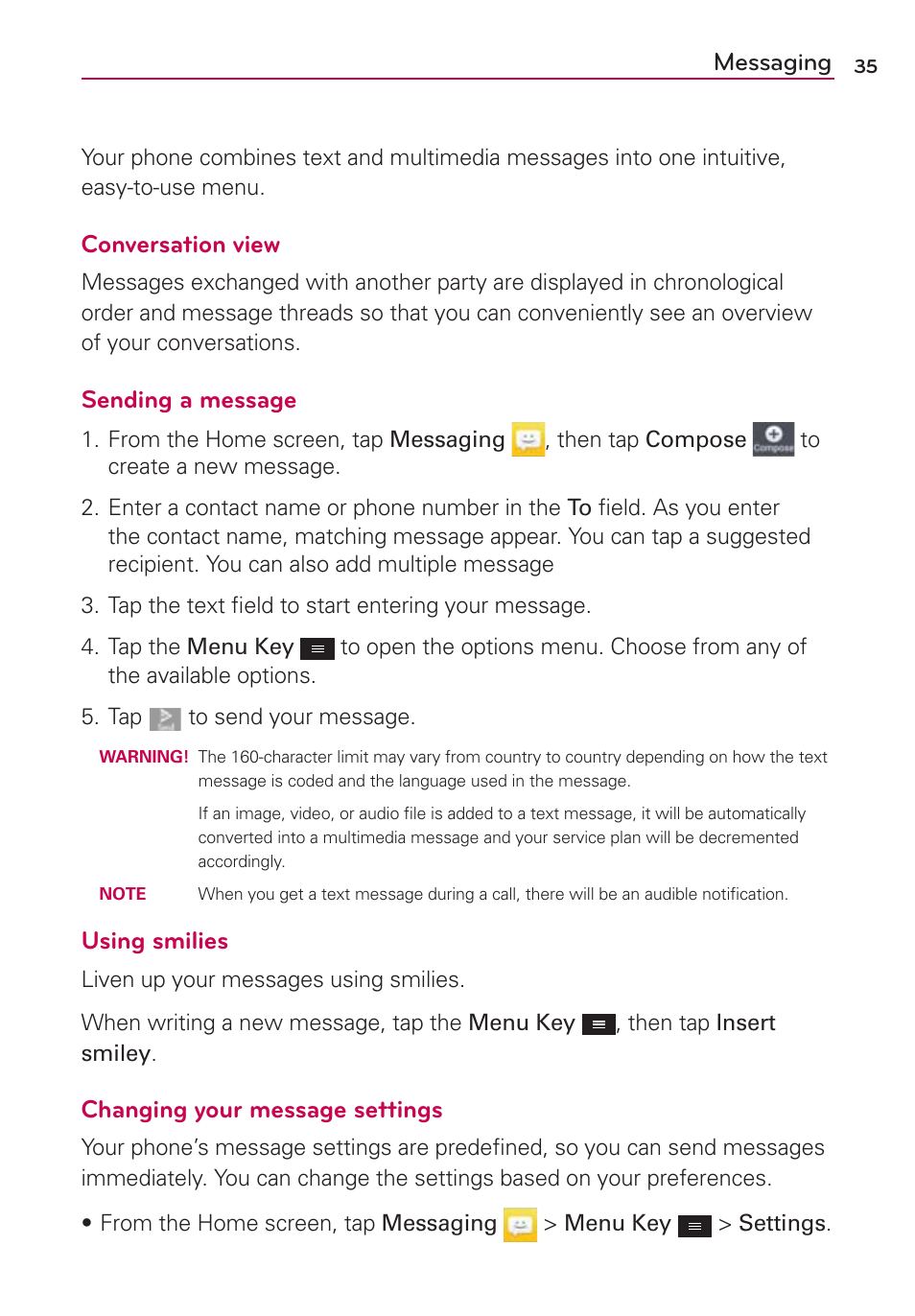 Messaging, Conversation view, Sending a message | Using smilies, Changing your message settings | LG MS659 User Manual | Page 37 / 121