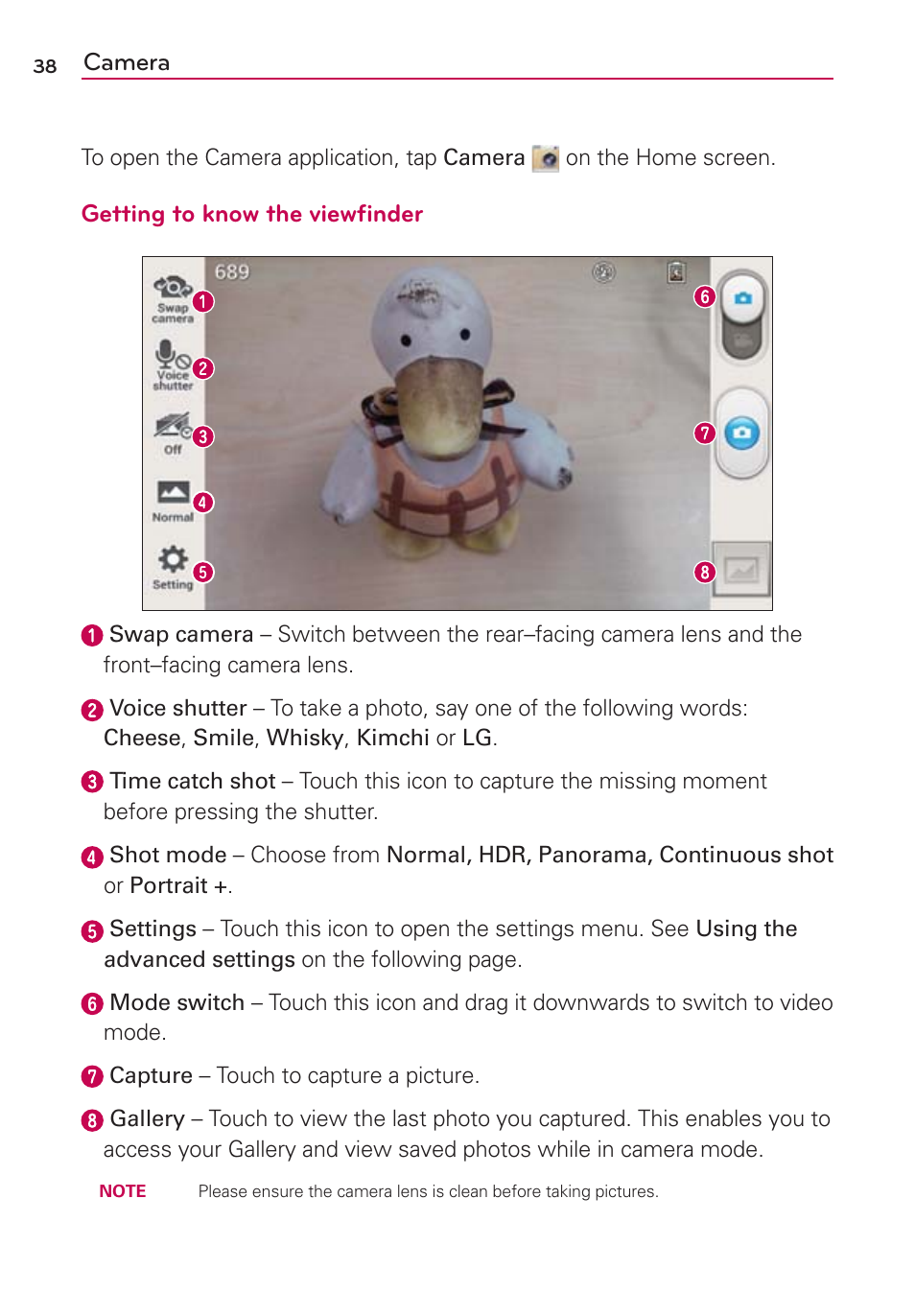 Camera, Getting to know the viewﬁnder | LG MS659 User Manual | Page 40 / 121