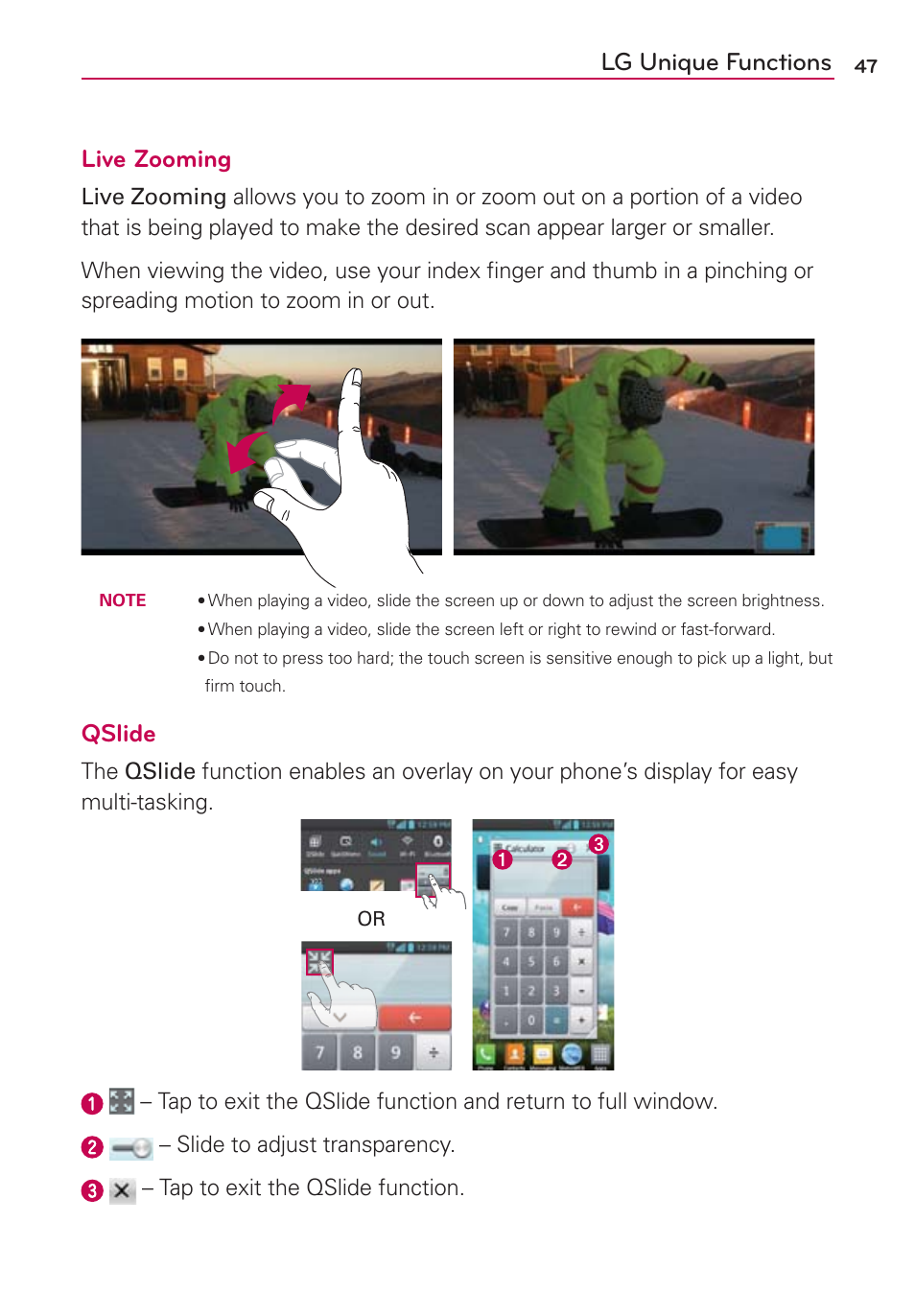 Lg unique functions live zooming, Qslide | LG MS659 User Manual | Page 49 / 121