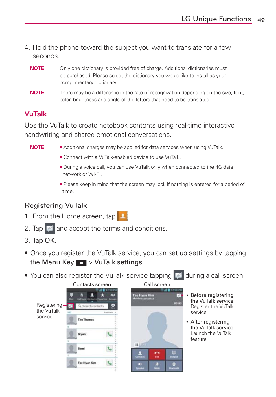 Lg unique functions, Vutalk, Registering vutalk | LG MS659 User Manual | Page 51 / 121