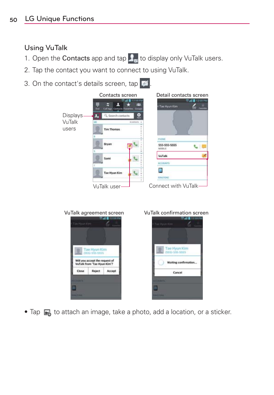 Lg unique functions using vutalk | LG MS659 User Manual | Page 52 / 121