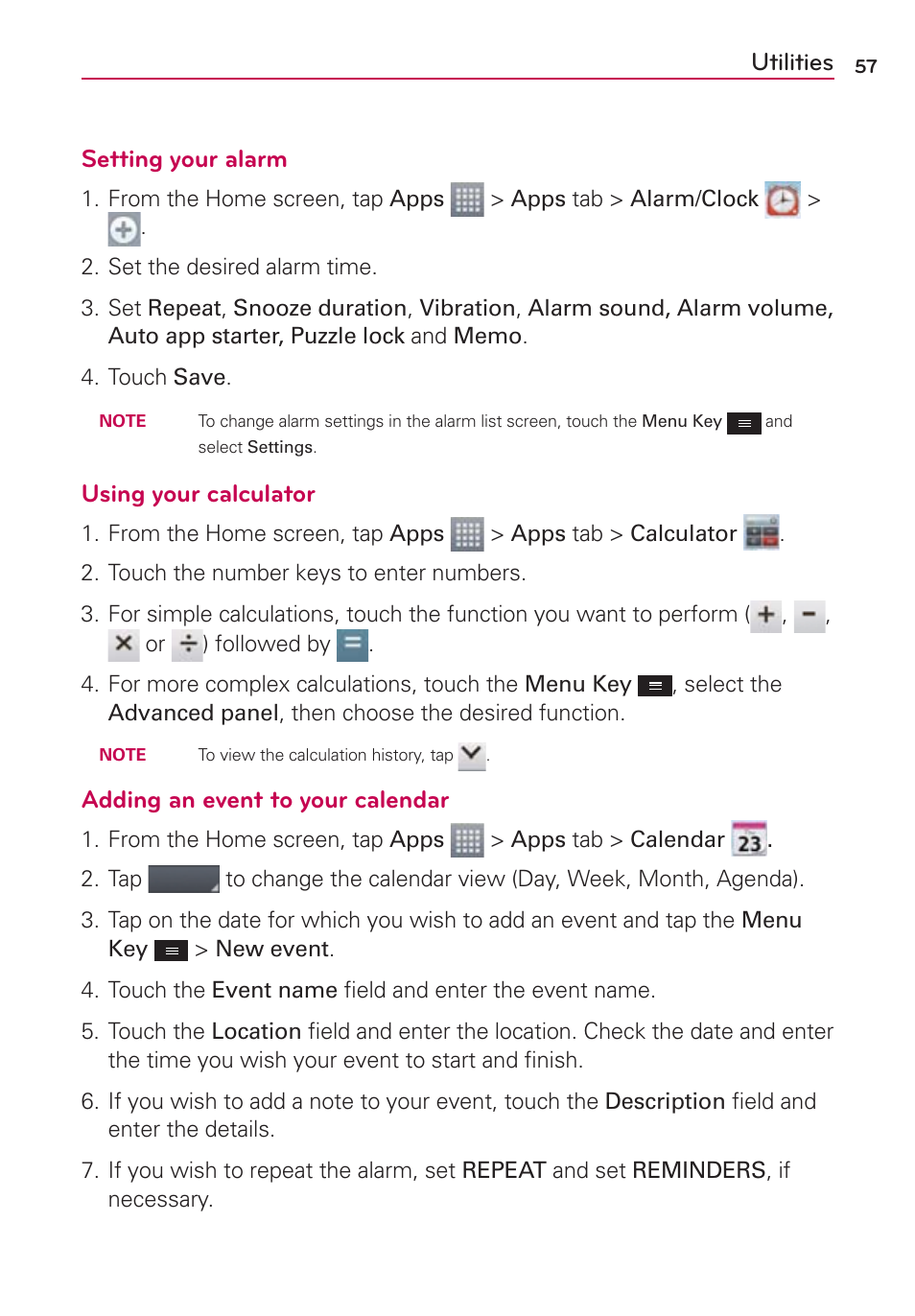 Utilities, Utilities setting your alarm, Using your calculator | Adding an event to your calendar | LG MS659 User Manual | Page 59 / 121