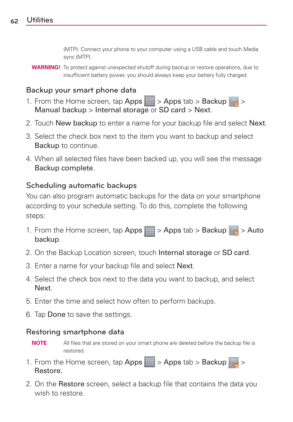 Utilities, Backup your smart phone data, Scheduling automatic backups | Restoring smartphone data | LG MS659 User Manual | Page 64 / 121