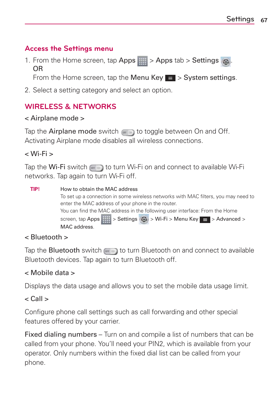 Settings, Settings access the settings menu, Wireless & networks | LG MS659 User Manual | Page 69 / 121