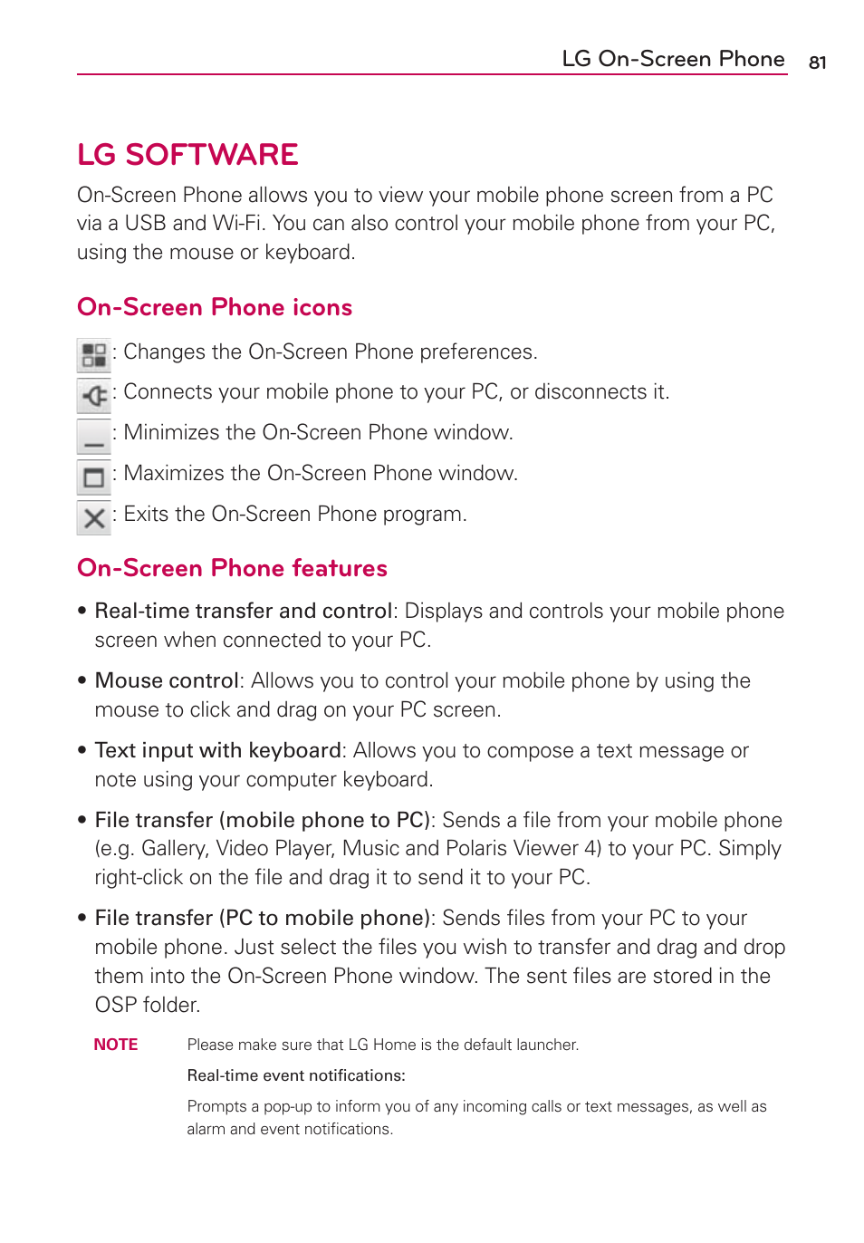 Lg on-screen phone, Lg software, On-screen phone icons | On-screen phone features | LG MS659 User Manual | Page 83 / 121