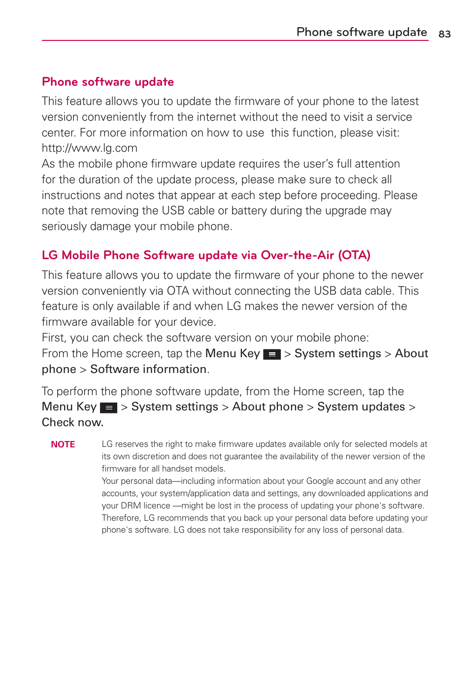 Phone software update | LG MS659 User Manual | Page 85 / 121