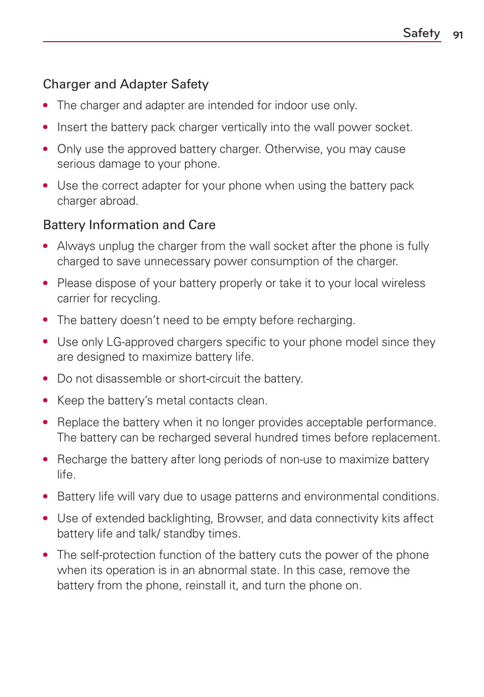 Safety, Charger and adapter safety, Battery information and care | Do not disassemble or short-circuit the battery, Keep the battery’s metal contacts clean | LG MS659 User Manual | Page 93 / 121