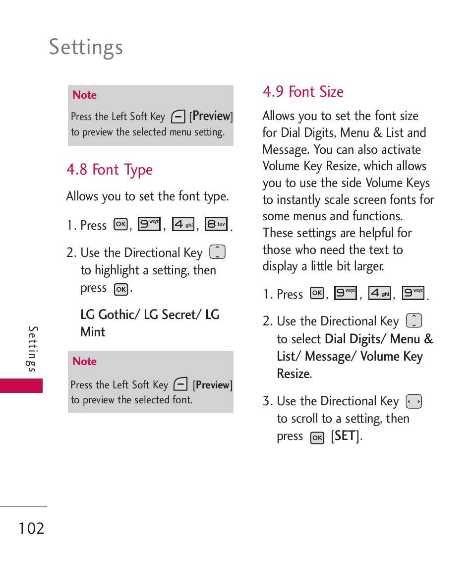 8 font type, 9 font size, Settings | LG LGAX8370 User Manual | Page 104 / 338