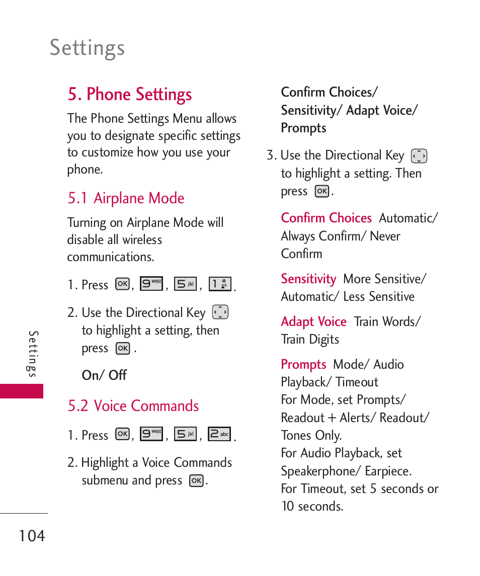 Phone settings, 1 airplane mode, 2 voice commands | Settings | LG LGAX8370 User Manual | Page 106 / 338