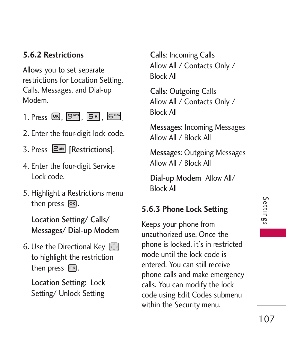 2 restrictions, 3 phone lock setting | LG LGAX8370 User Manual | Page 109 / 338