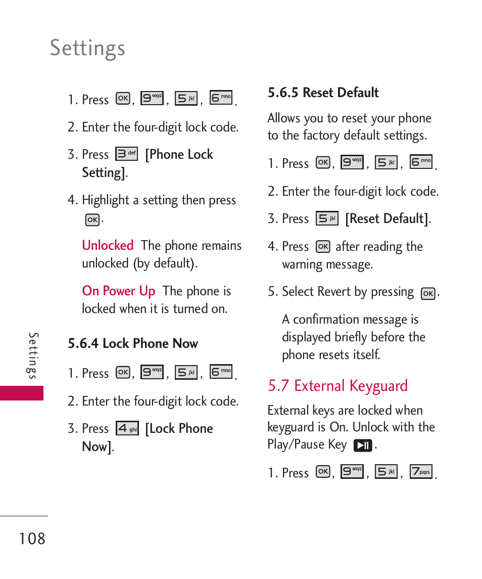 4 lock phone now, 5 reset default, 7 external keyguard | Settings | LG LGAX8370 User Manual | Page 110 / 338