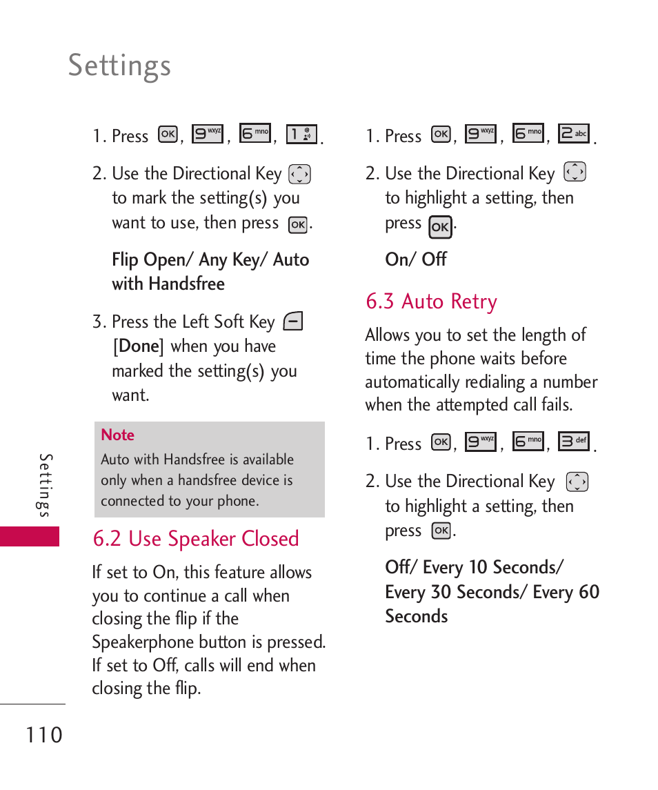 2 use speaker closed, 3 auto retry, Settings | LG LGAX8370 User Manual | Page 112 / 338