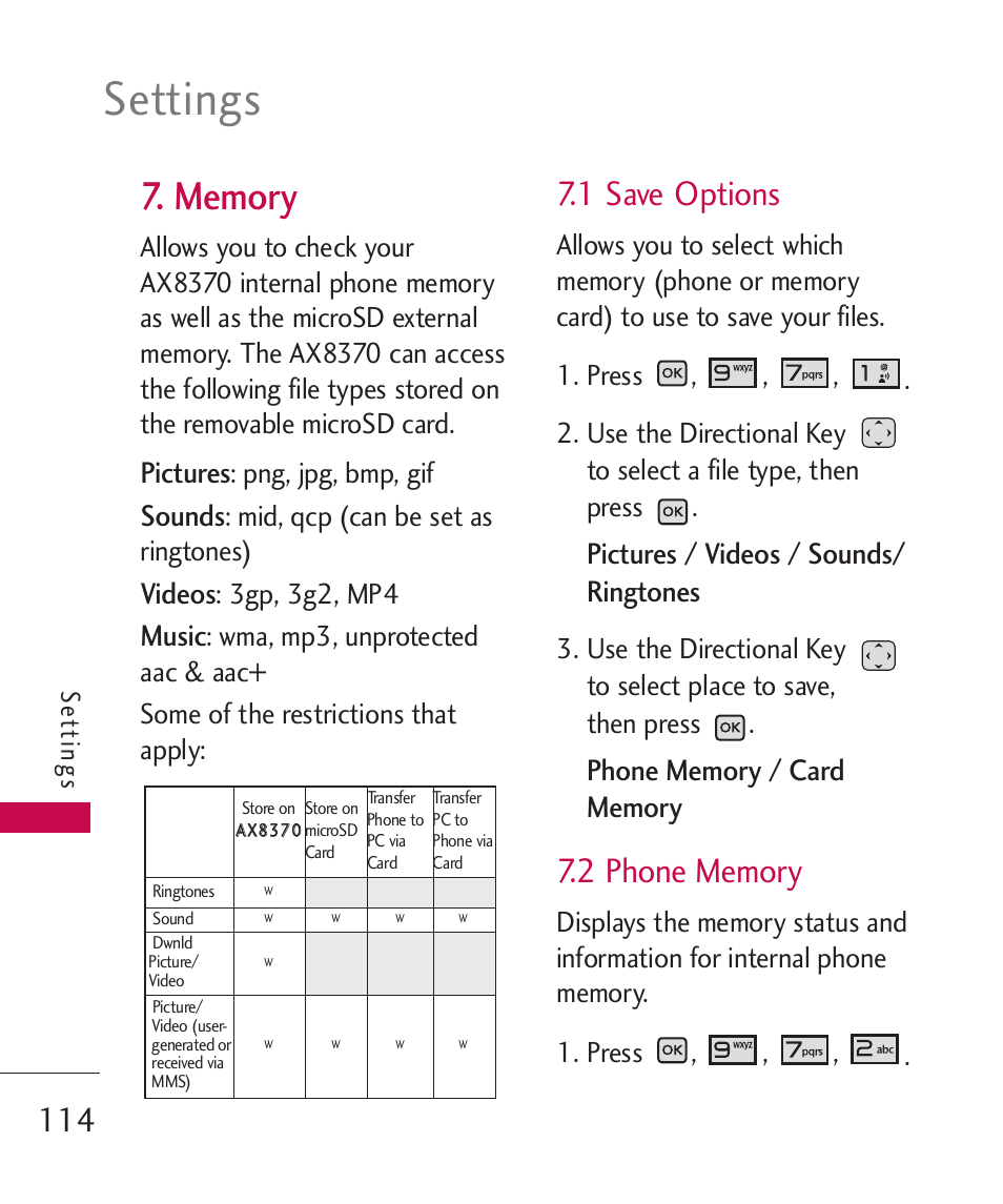 Memory, 1 save options, 2 phone memory | Settings, Pictures, Sounds, Videos, Music, Pictures / videos / sounds/ ringtones, Png, jpg, bmp, gif | LG LGAX8370 User Manual | Page 116 / 338