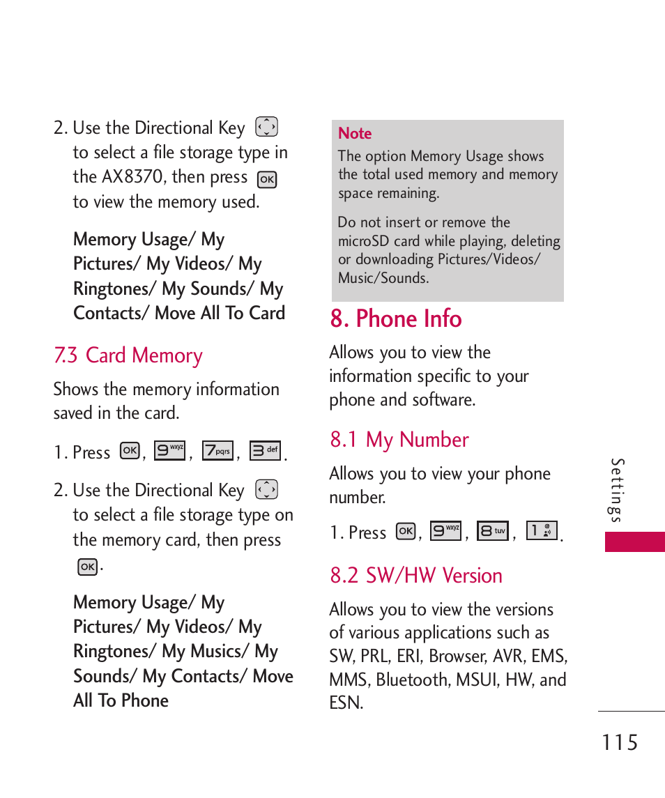 3 card memory, Phone info, 1 my number | 2 sw/hw version | LG LGAX8370 User Manual | Page 117 / 338