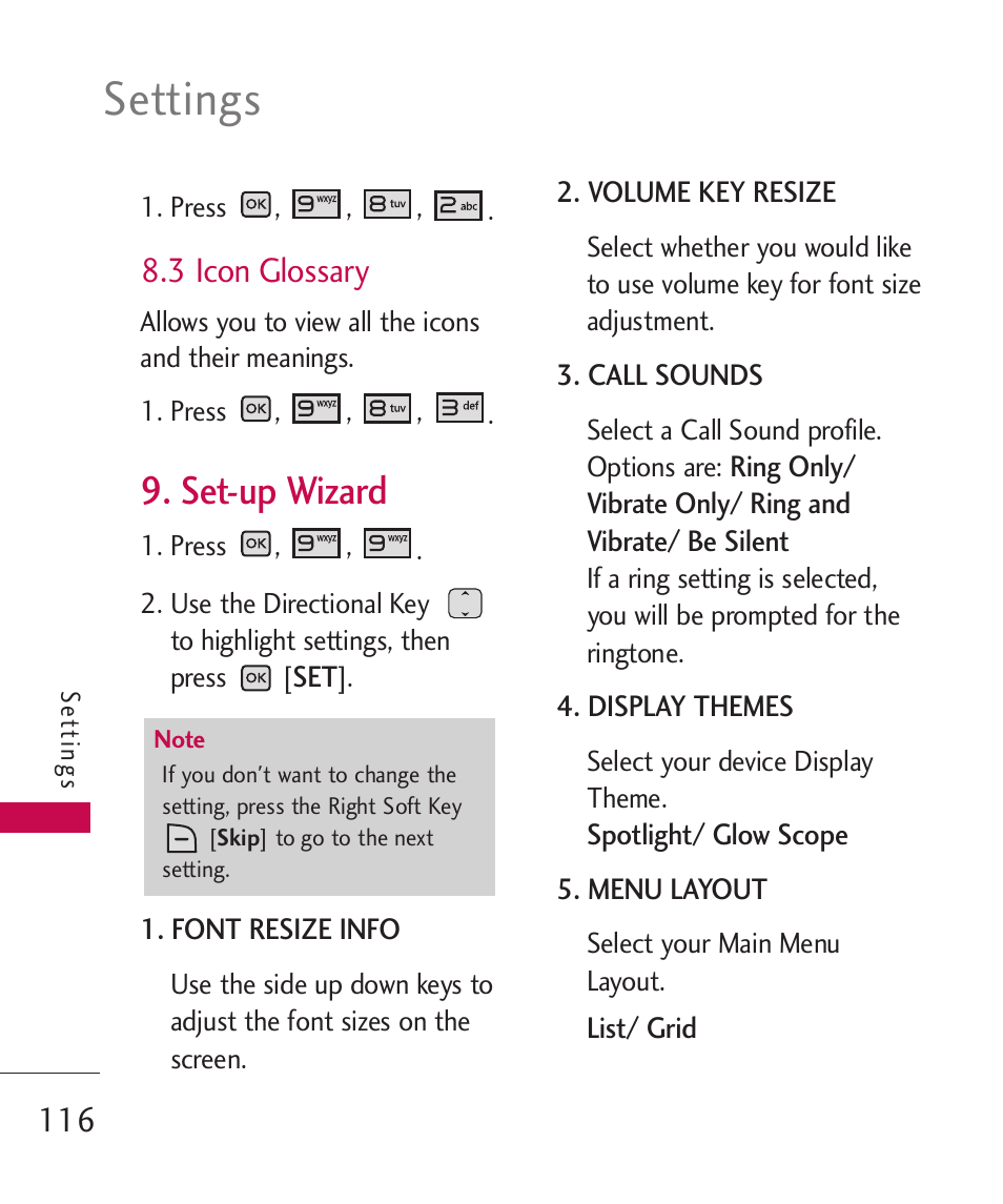 3 icon glossary, Set-up wizard, Settings | LG LGAX8370 User Manual | Page 118 / 338