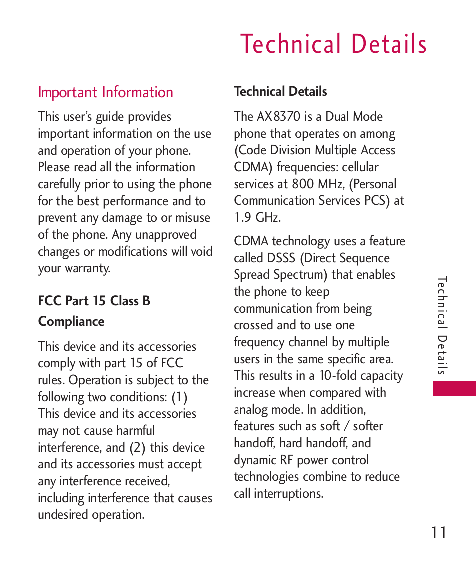 Important information, Fcc part 15 class b compliance, Technical details | LG LGAX8370 User Manual | Page 13 / 338