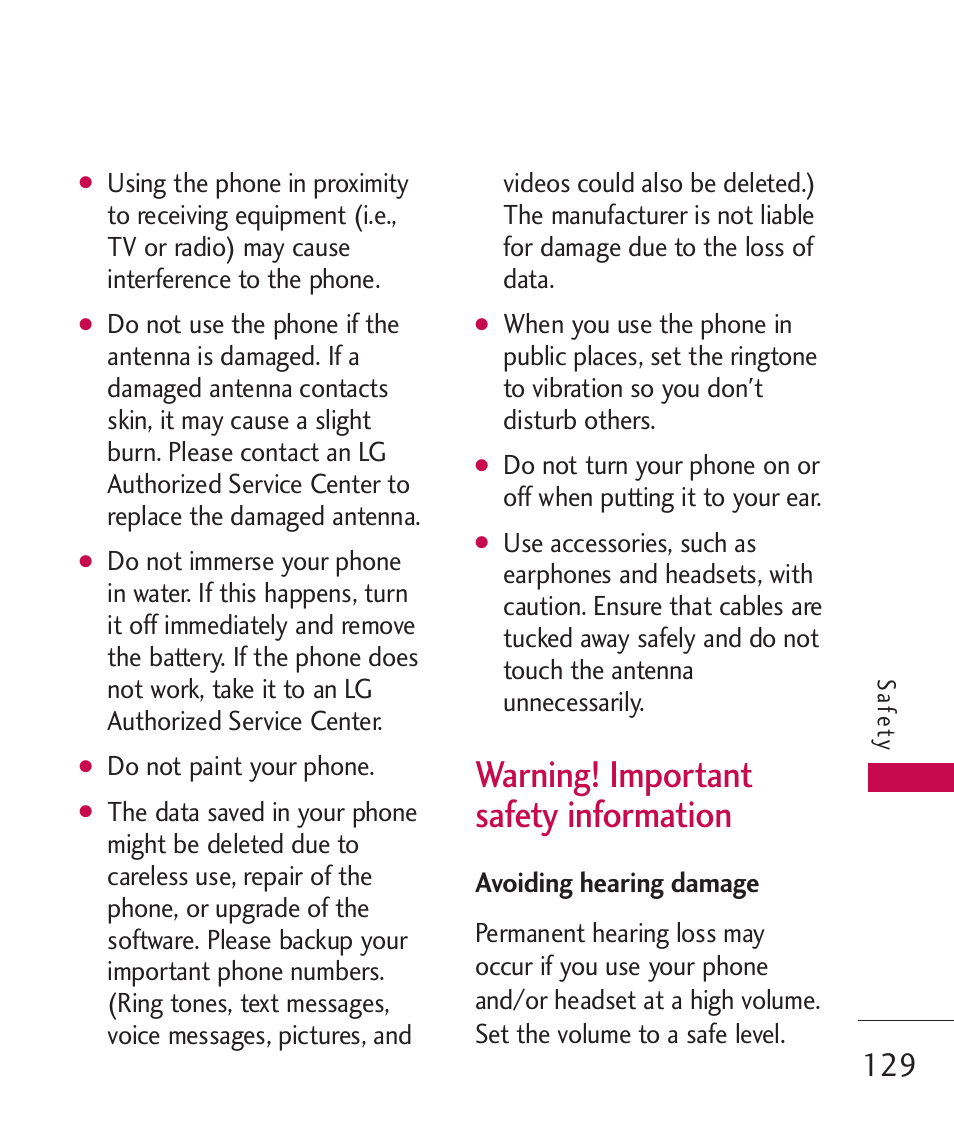 Warning! important safety in, Avoiding hearing damage, Warning! important safety | Information, Warning! important safety information | LG LGAX8370 User Manual | Page 131 / 338