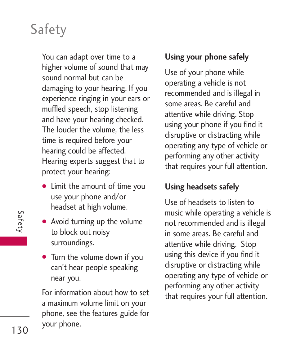 Using your phone safely, Using headsets safely, Safety | LG LGAX8370 User Manual | Page 132 / 338