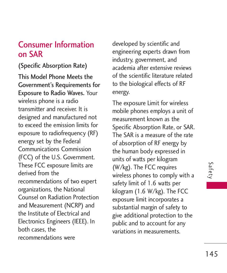 Consumer information on sar, Consumer information, On sar | Consumer information on sar | LG LGAX8370 User Manual | Page 147 / 338