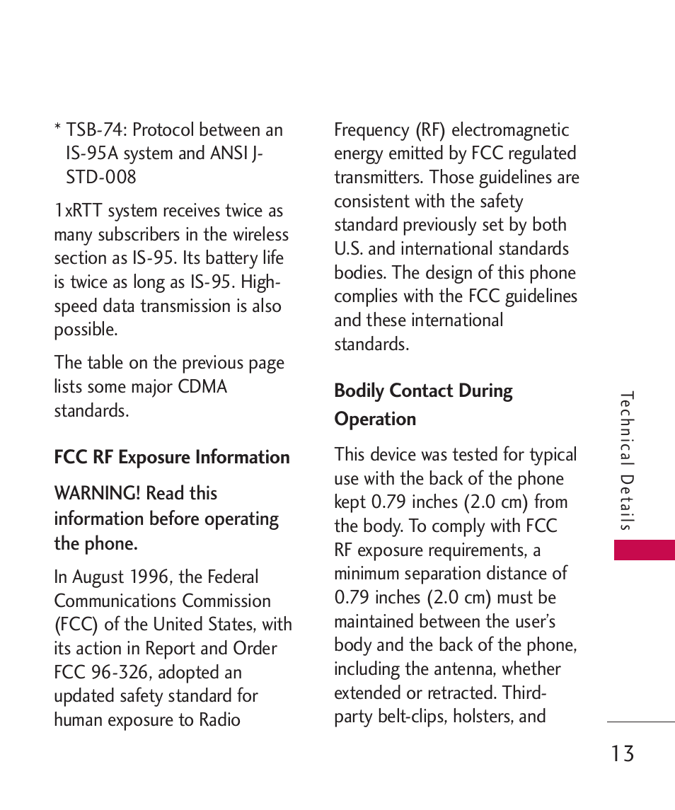 Fcc rf exposure information, Bodily contact during operation, Bodily contact during operation 13 | LG LGAX8370 User Manual | Page 15 / 338