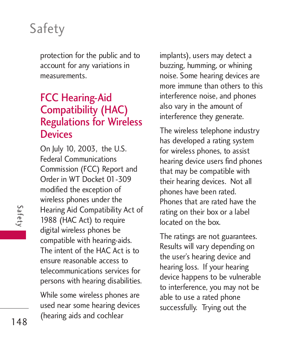 Fcc hearing-aid compatibilit, Fcc hearing-aid compatibility, Hac) regulations for | Wireless devices, Safety | LG LGAX8370 User Manual | Page 150 / 338