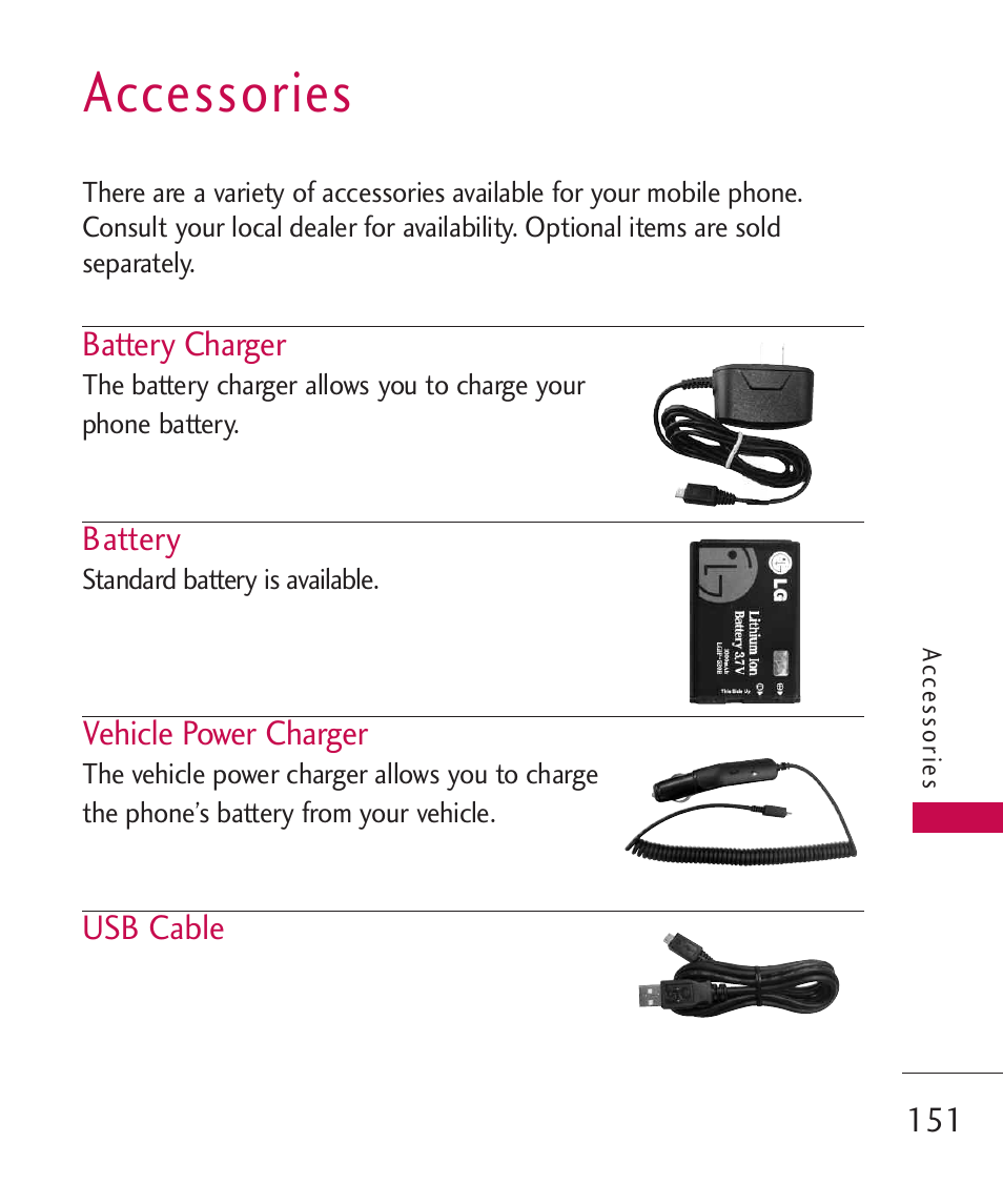 Accessories | LG LGAX8370 User Manual | Page 153 / 338