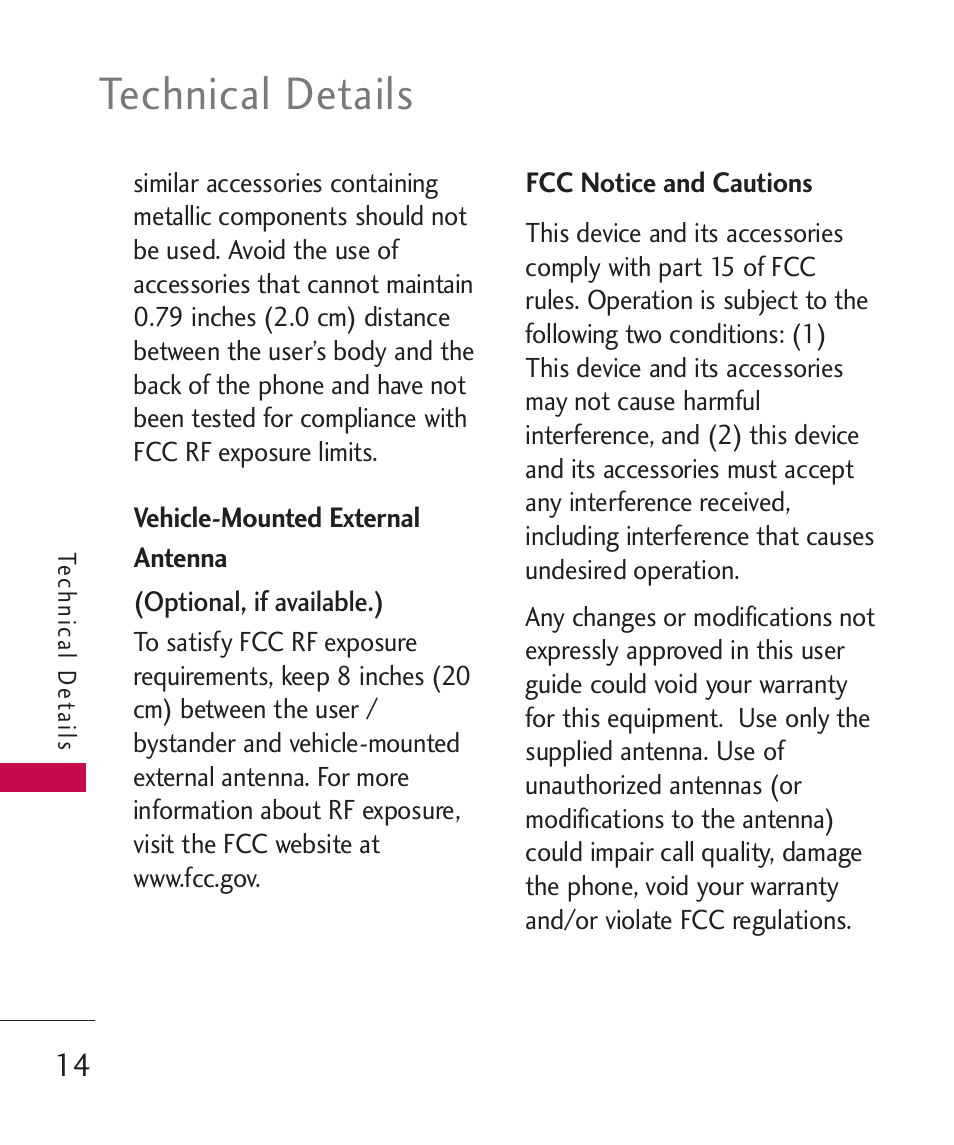 Vehicle-mounted external ant, Fcc notice and cautions, Technical details | LG LGAX8370 User Manual | Page 16 / 338