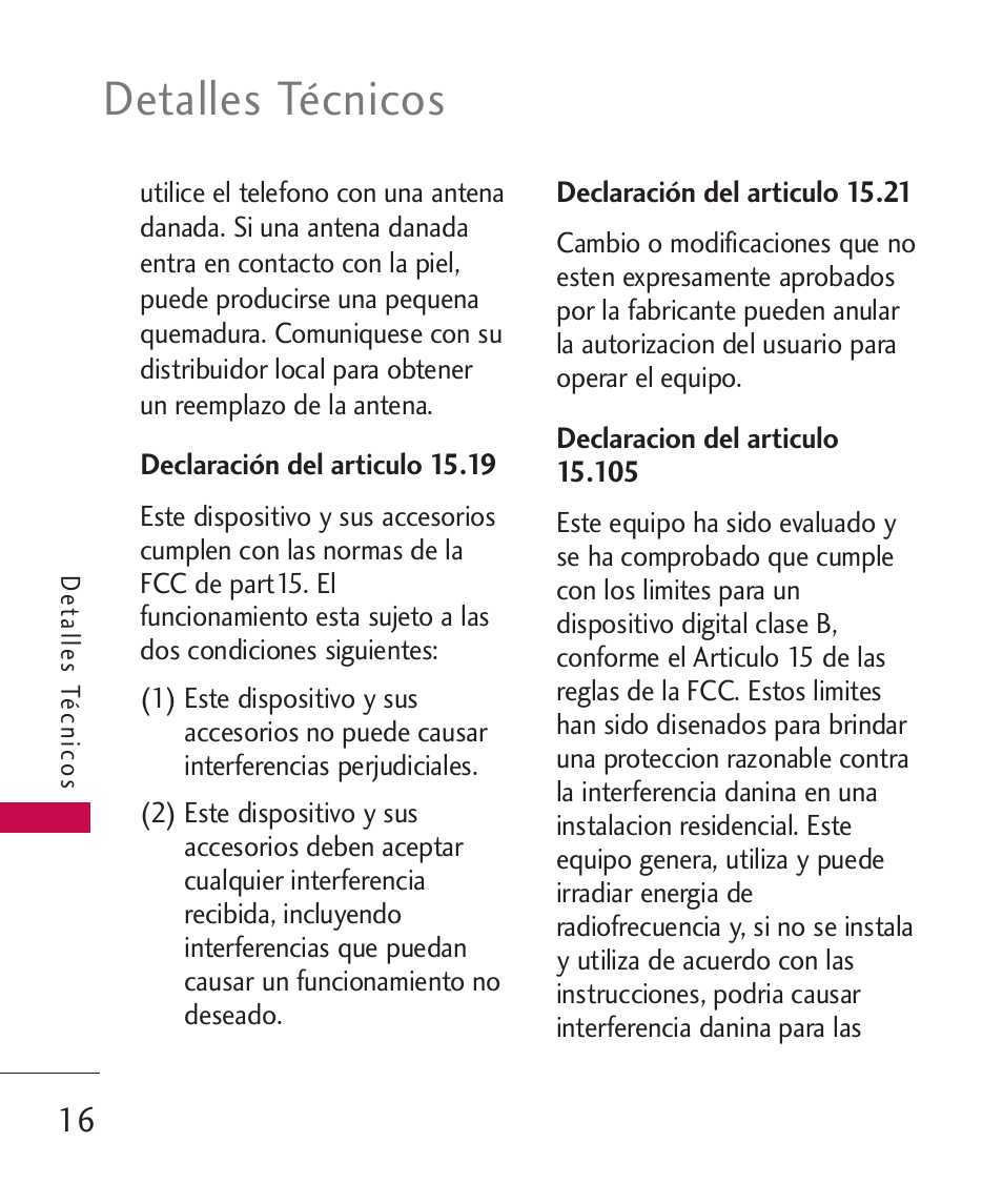 Declaración del articulo 15.19, Declaración del articulo 15.21, Declaracion del articulo 15.105 | Detalles técnicos | LG LGAX8370 User Manual | Page 177 / 338