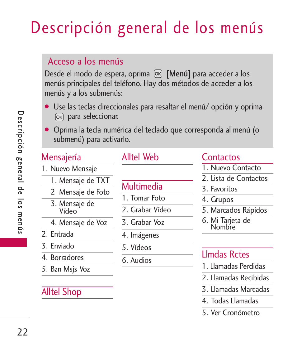 Descripción general de los m, Descripción general de los, Menús | Descripción general de los menús, Mensajería, Alltel shop alltel web multimedia, Contactos, Llmdas rctes, Acceso a los menús | LG LGAX8370 User Manual | Page 183 / 338