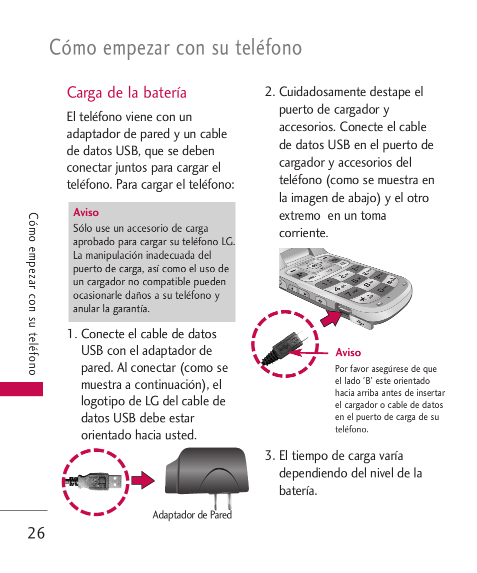 Carga de la batería, Cómo empezar con su teléfono | LG LGAX8370 User Manual | Page 187 / 338