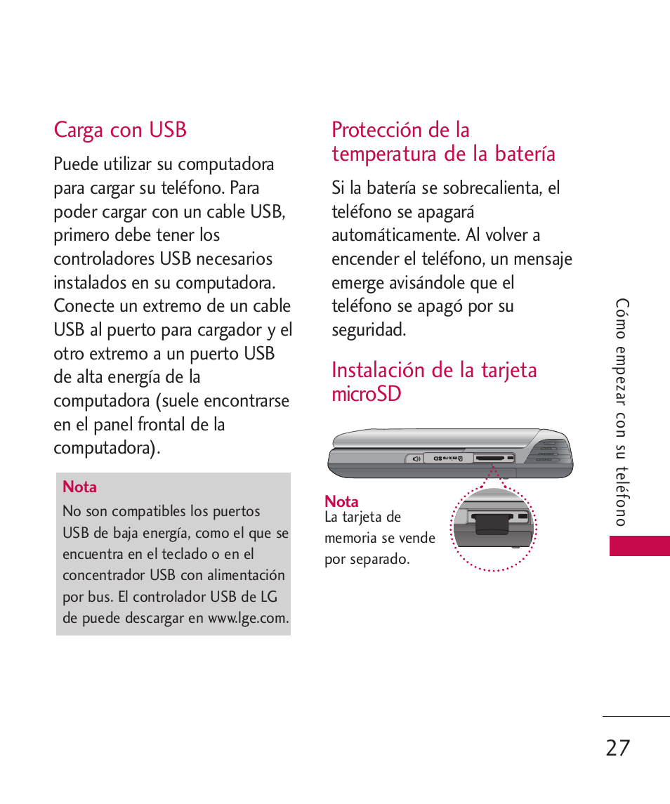 Carga con usb, Protección de la temperatura, Instalación de la tarjeta mi | Protección de la temperatura de la, Batería, Instalación de la tarjeta microsd 27, Protección de la temperatura de la batería, Instalación de la tarjeta microsd | LG LGAX8370 User Manual | Page 188 / 338