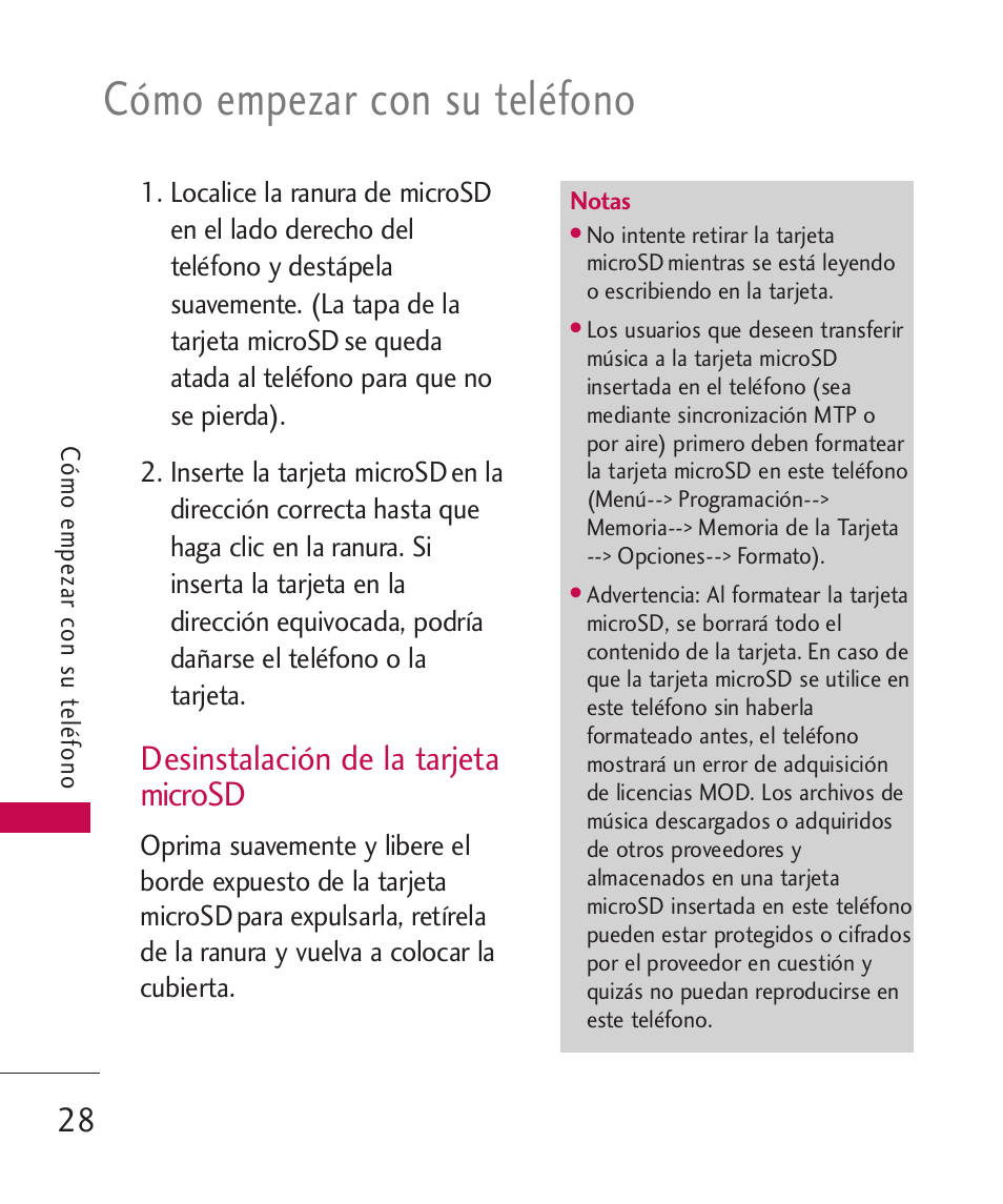 Desinstalación de la tarjeta, Microsd, Cómo empezar con su teléfono | Desinstalación de la tarjeta microsd | LG LGAX8370 User Manual | Page 189 / 338