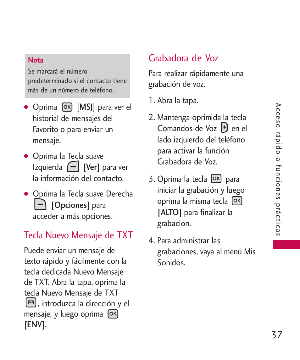 Tecla nuevo mensaje de txt, Grabadora de voz | LG LGAX8370 User Manual | Page 198 / 338