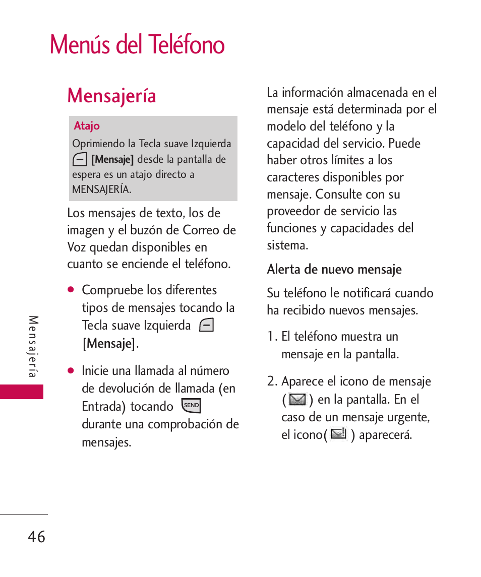 Menús del teléfono, Mensajería, Mensajería 46 | LG LGAX8370 User Manual | Page 207 / 338