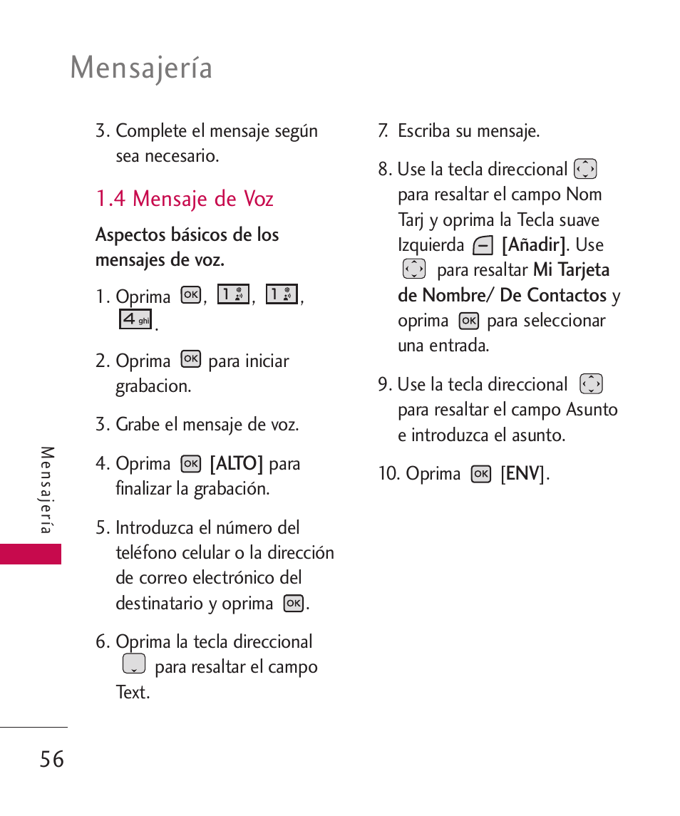 4 mensaje de voz, Mensajería | LG LGAX8370 User Manual | Page 217 / 338