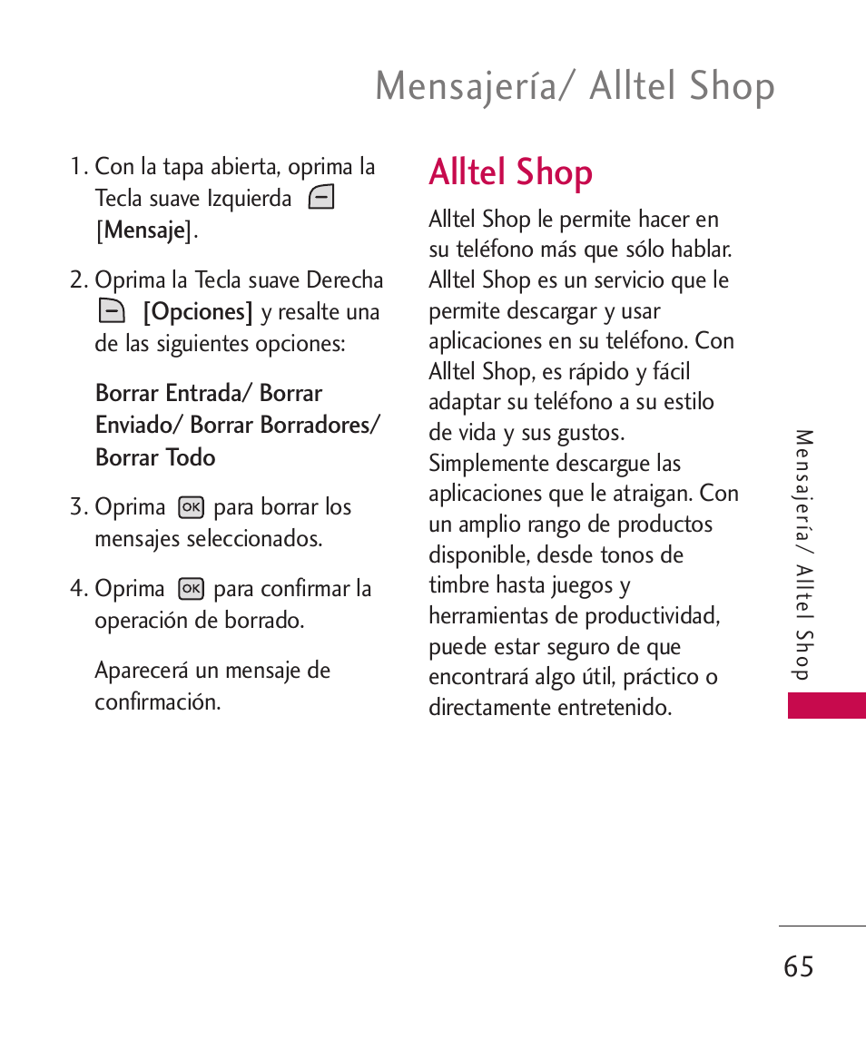 Alltel shop, Mensajería/ alltel shop | LG LGAX8370 User Manual | Page 226 / 338