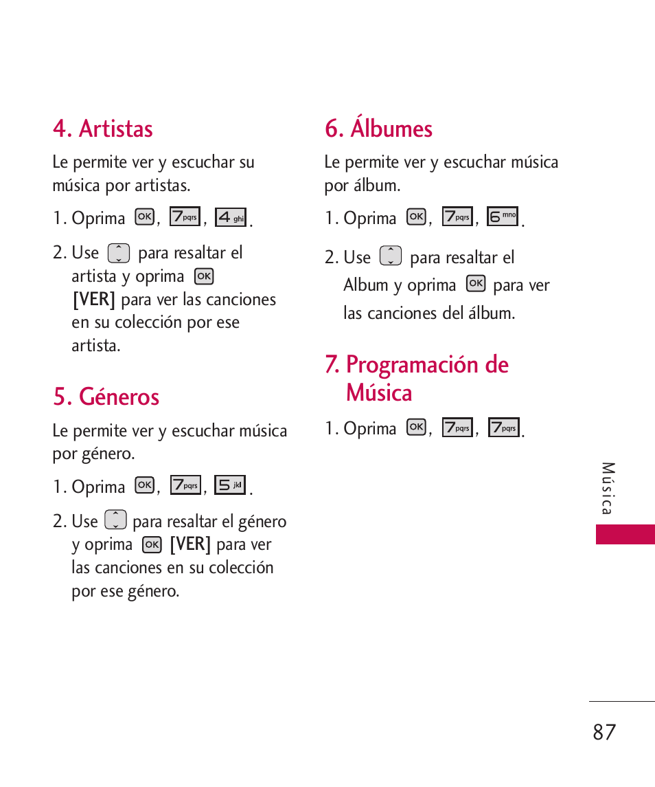 Artistas, Géneros, Álbumes | Programación de música, Programación de música 87 | LG LGAX8370 User Manual | Page 248 / 338