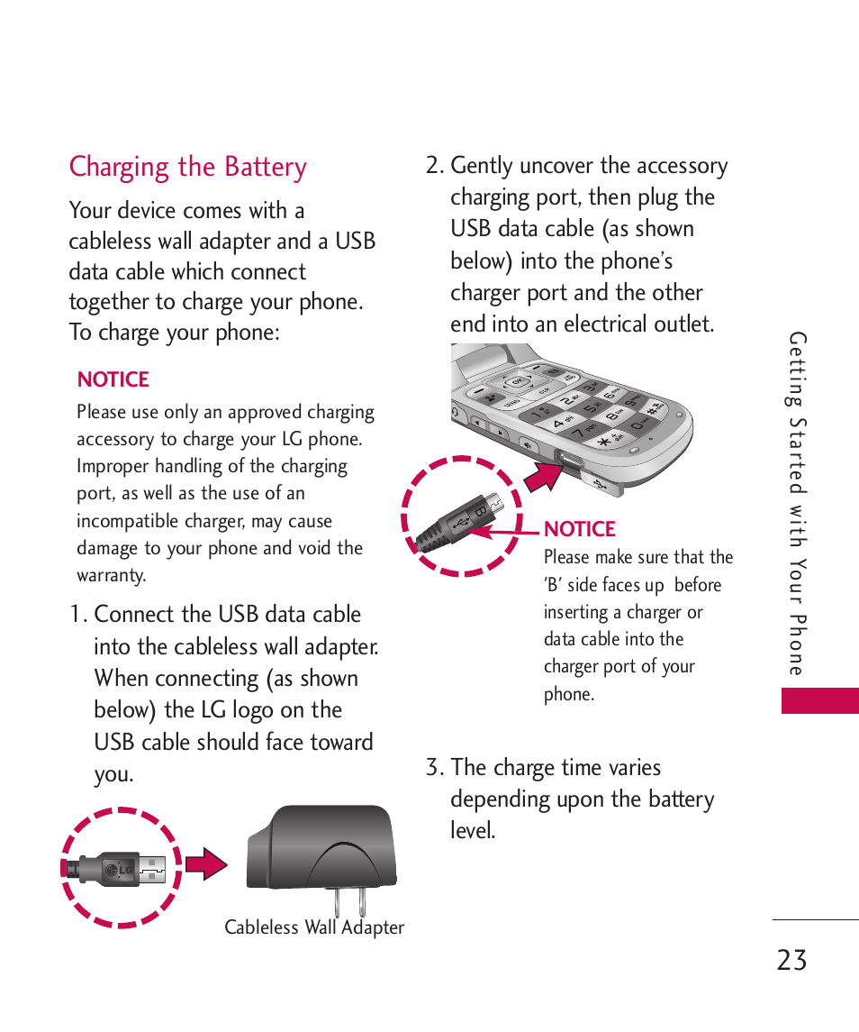 Charging the battery | LG LGAX8370 User Manual | Page 25 / 338