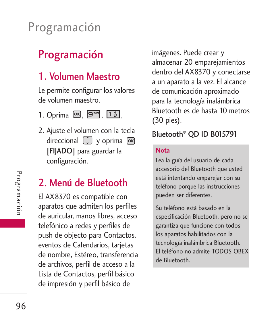 Programación, Volumen maestro, Menú de bluetooth | LG LGAX8370 User Manual | Page 257 / 338