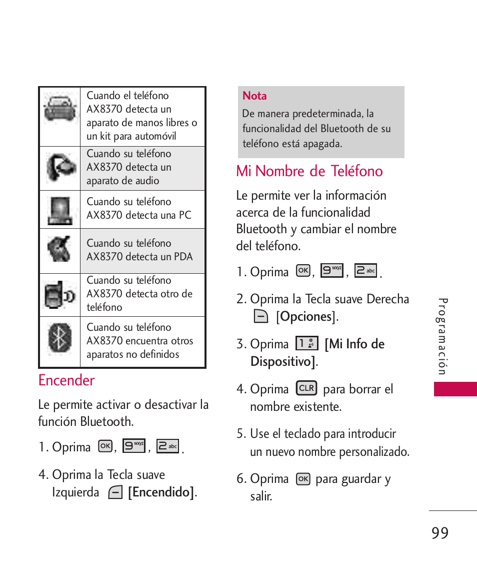 Encender, Mi nombre de teléfono | LG LGAX8370 User Manual | Page 260 / 338