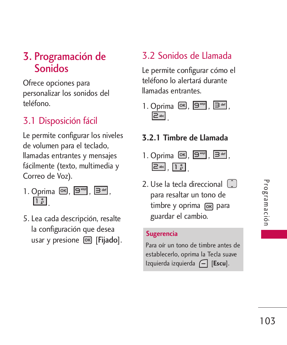 programación de sonidos, 1 disposición fácil, 2 sonidos de llamada | 1 timbre de llamada, Programación de, Sonidos, Programación de sonidos | LG LGAX8370 User Manual | Page 264 / 338