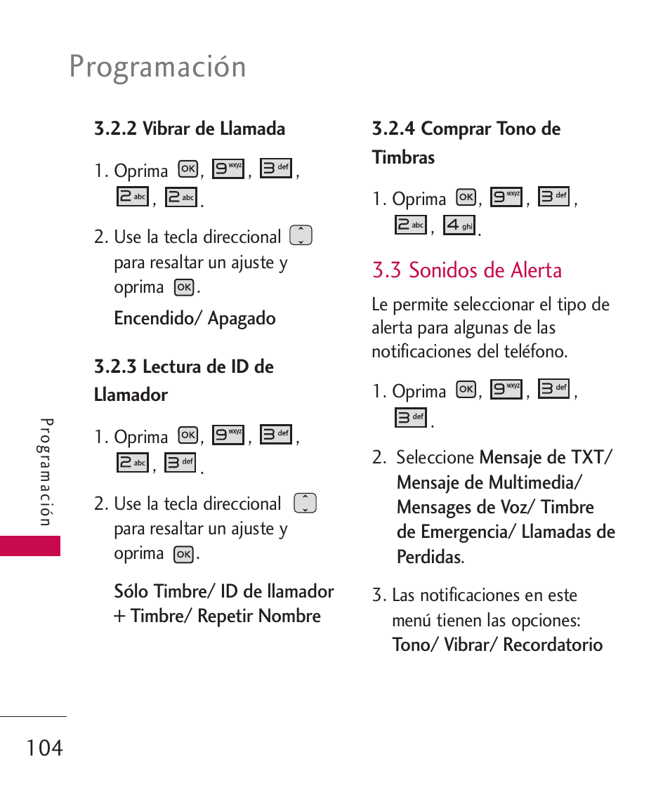 2 vibrar de llamada, 3 lectura de id de llamador, 4 comprar tono de timbras | 3 sonidos de alerta, Programación | LG LGAX8370 User Manual | Page 265 / 338